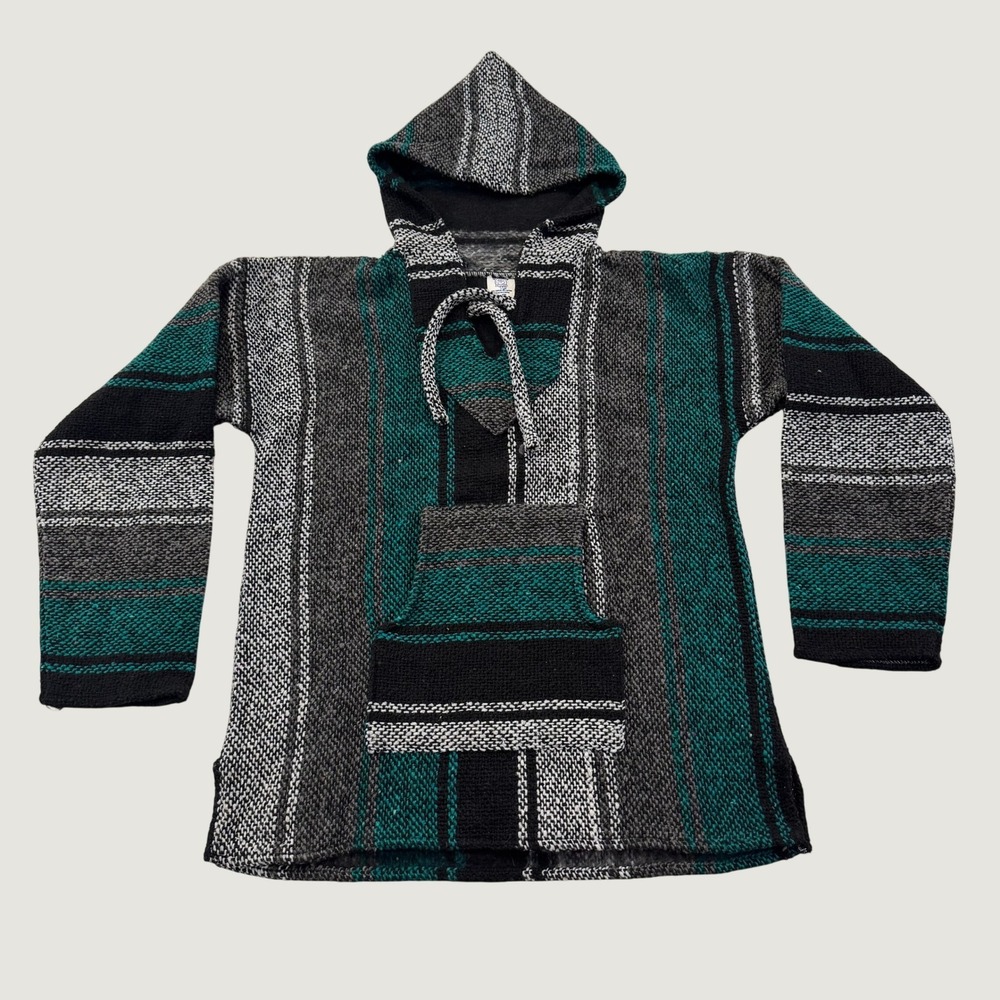 Zapatito Azul Baja Hoodie Small Teal Black Gray Striped Mexican Jerga Pullover